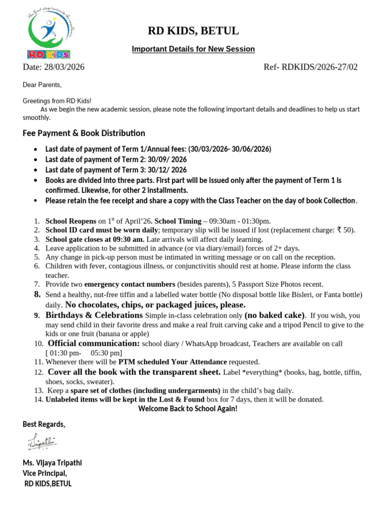 Important Details for New Session Circular | PDF