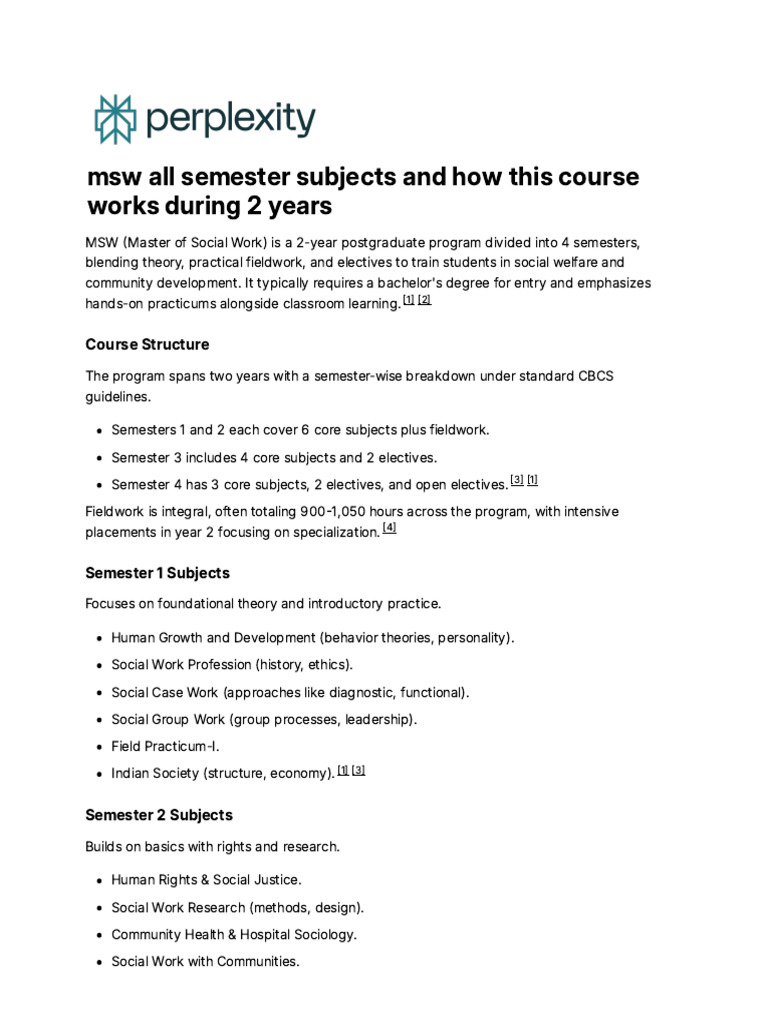 Msw All Semester Subjects and How This Course Work | PDF
