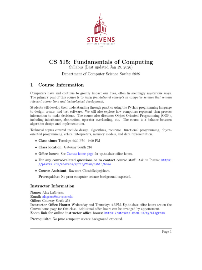 Cs 515 Syllabus Updated Jan 27 | PDF | Computer Program | Programming