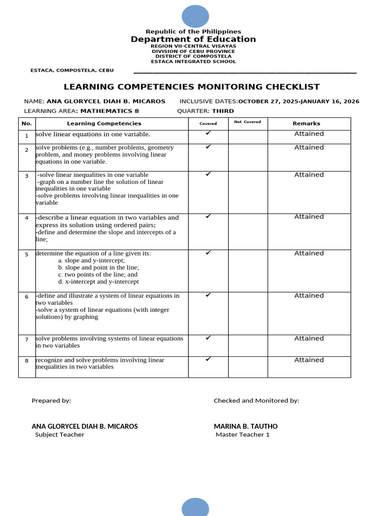 Monitoring Checklist Quarter 3 | PDF | Equations | Variable (Mathematics)