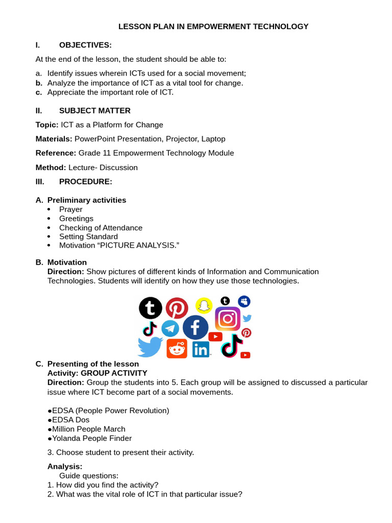 Lesson Plan in Ict as a Platform for Change | PDF