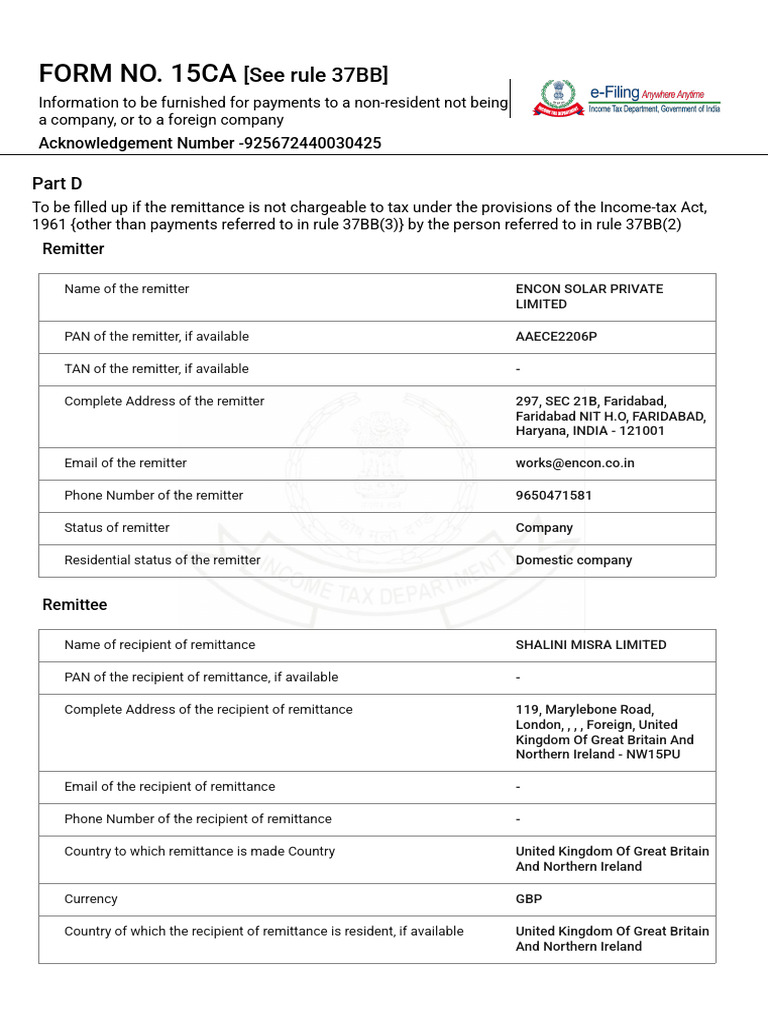 Form 15CA_Filed Form (6) | PDF | Income Tax | Taxes