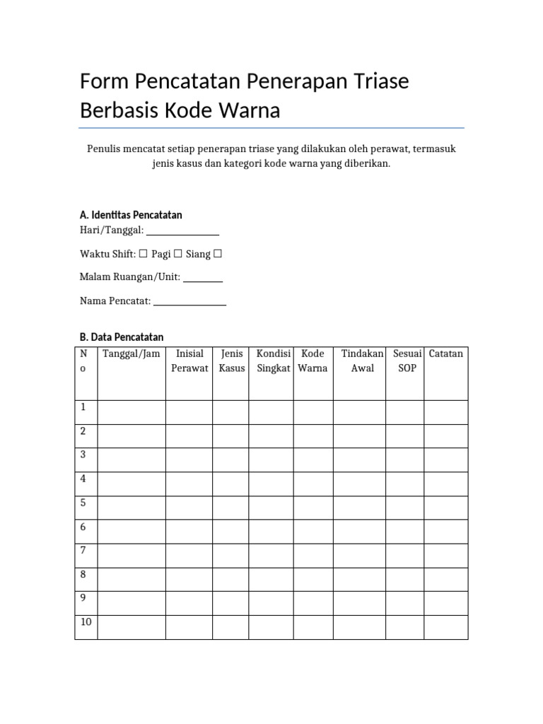Form Pencatatan Triase Kosong | PDF