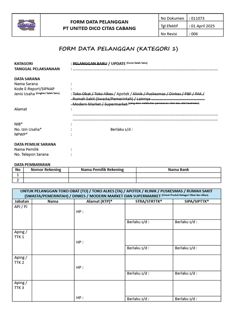 011073 Lampiran 3 Form Data Pelanggan (Kategori 1) (Rev 006) (1) (UDC ...