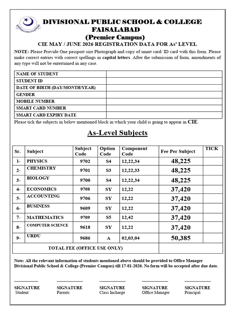 Subjects Application As Level For Fee Form MAY-JUNE 2026 | PDF ...