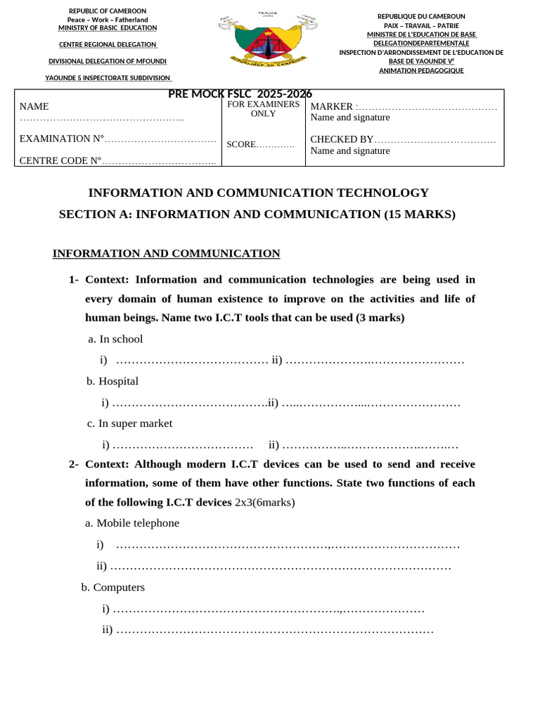 PRE MOCK FSLC 2025-2026: Information and Communication Technology ...