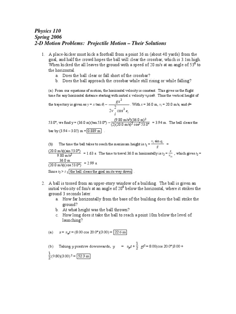 2 D Motion Problems Solutions Projectile Motion Pdf Trajectory