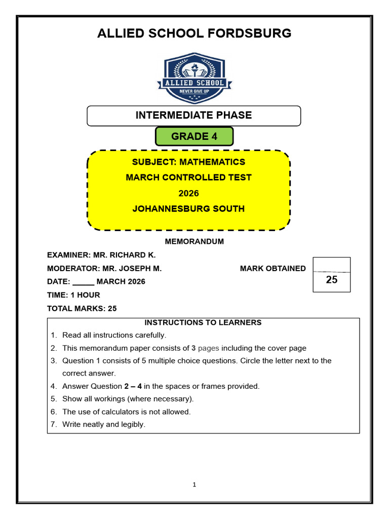 Grade 4 Mathematics Test Term 1 2026 Memo | PDF | Chess Theory | Chess