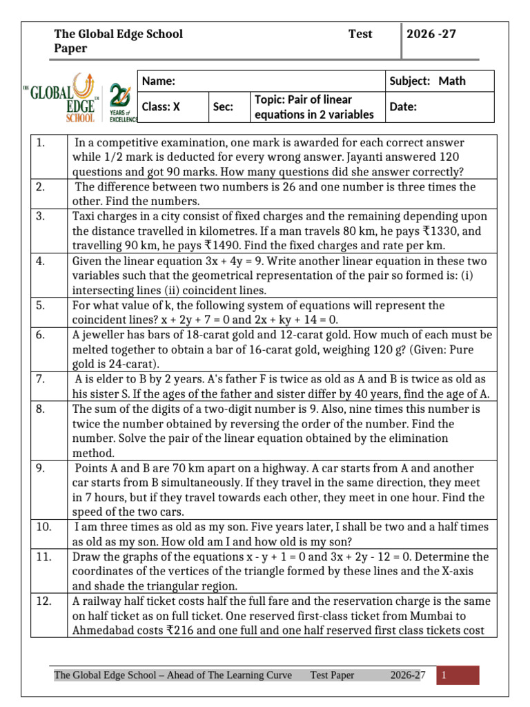 Grade 10 Math Pair of Linear Equations in 2 Variables Test Paper 2026 ...