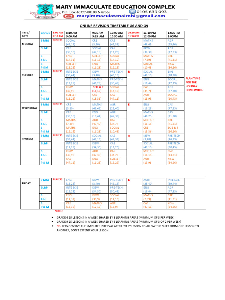 2026 Online Revision Timetable 6 and 9 Edited | PDF
