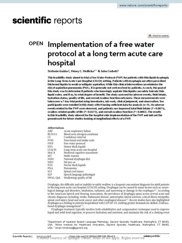 Implementation of A Free Water Protocol at A Long | PDF | Medicine ...