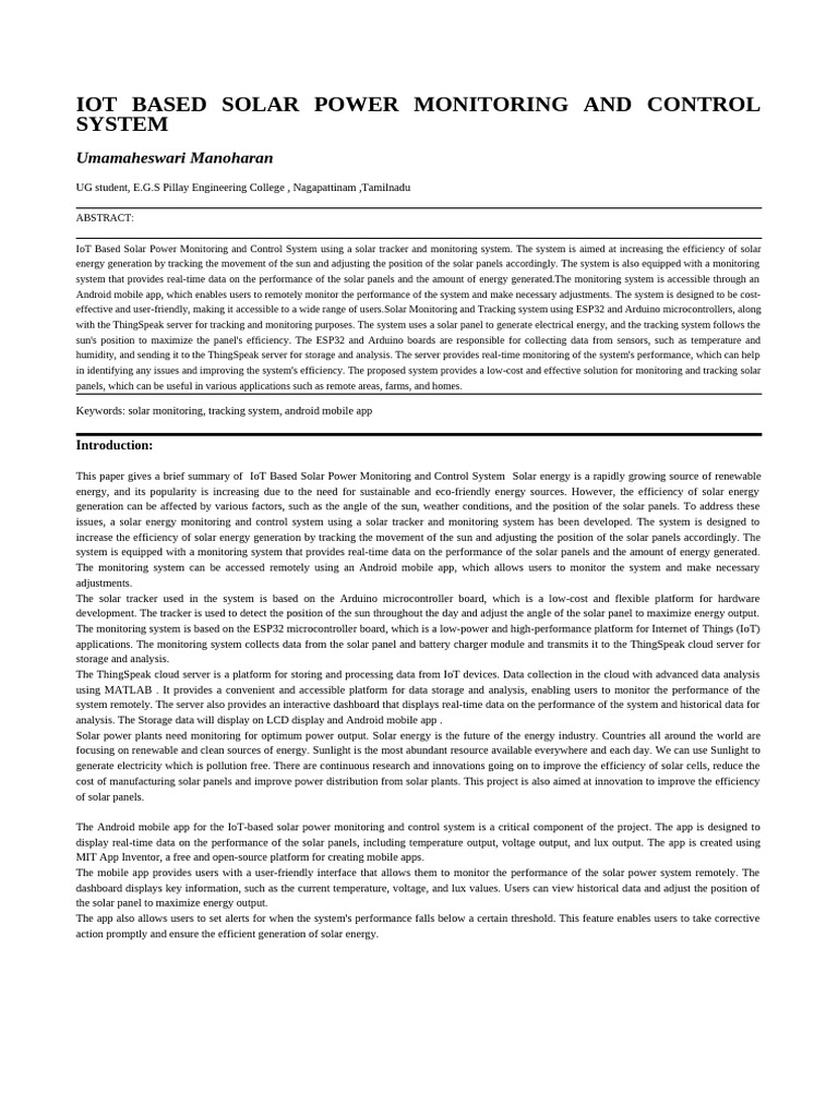 Iot Based Solar Power Monitoring and Control System | PDF | Solar Panel ...