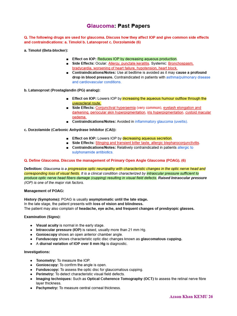 Glaucoma Past Papers | PDF | Glaucoma | Medical Specialties
