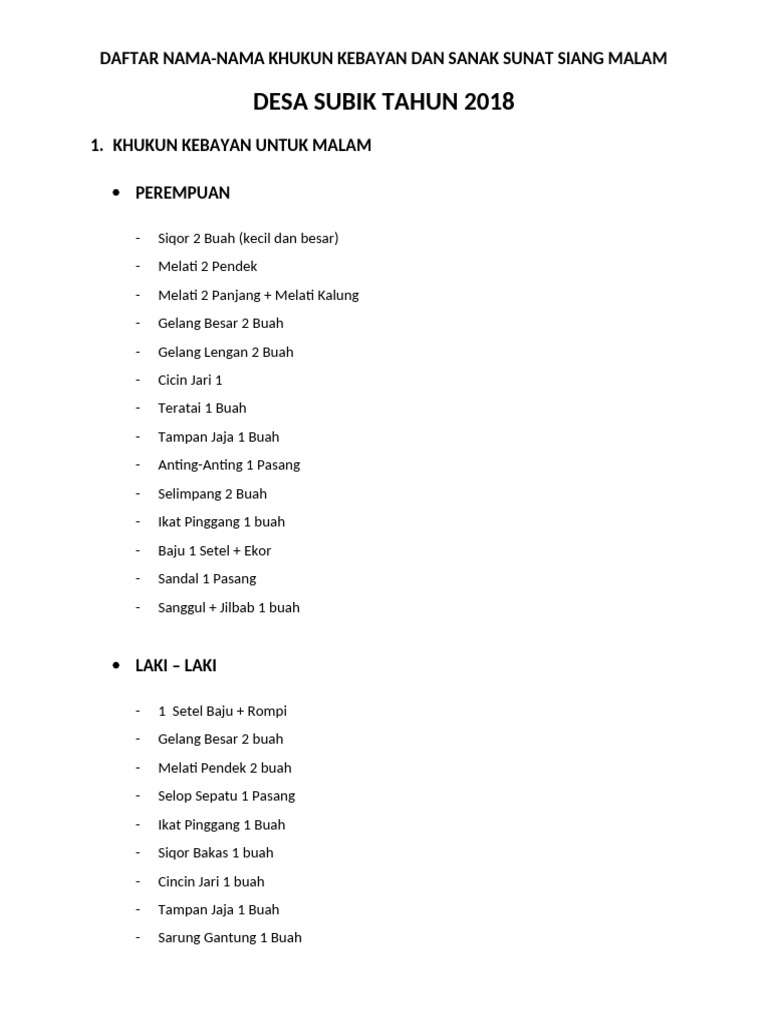 Daftar Khukun Kebayan Desa Subik 2018 | PDF