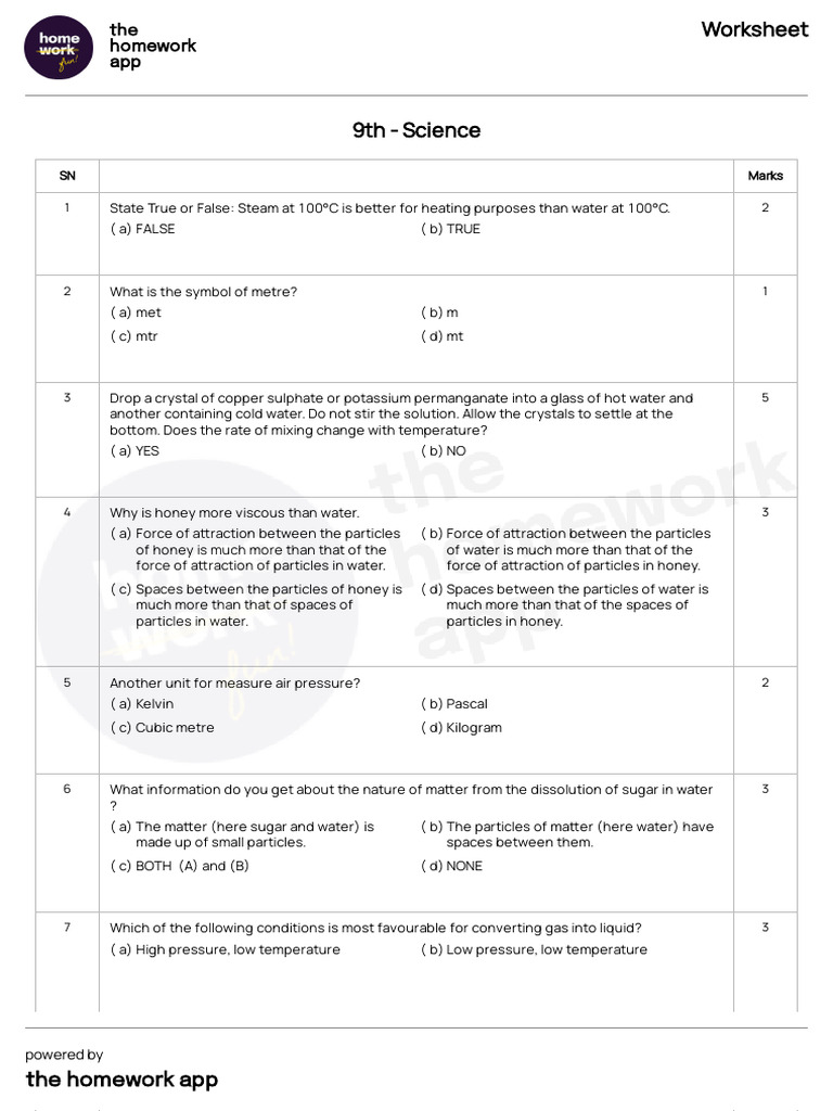 Questions - Worksheet - 9th - Science - 2026-04-15T10 - 18 | PDF ...