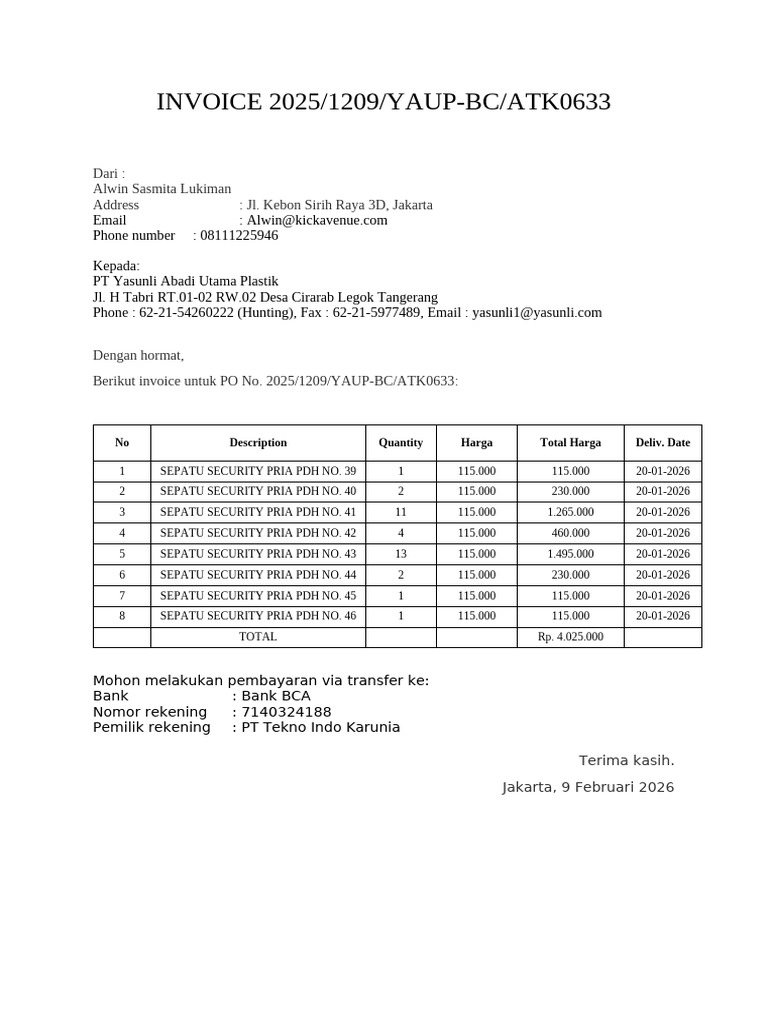 Invoice Sepatu Security Yasunli 2025 | PDF