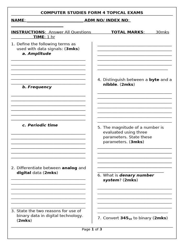 Computer Studies Topical Exams Data Representation | PDF | Decimal ...