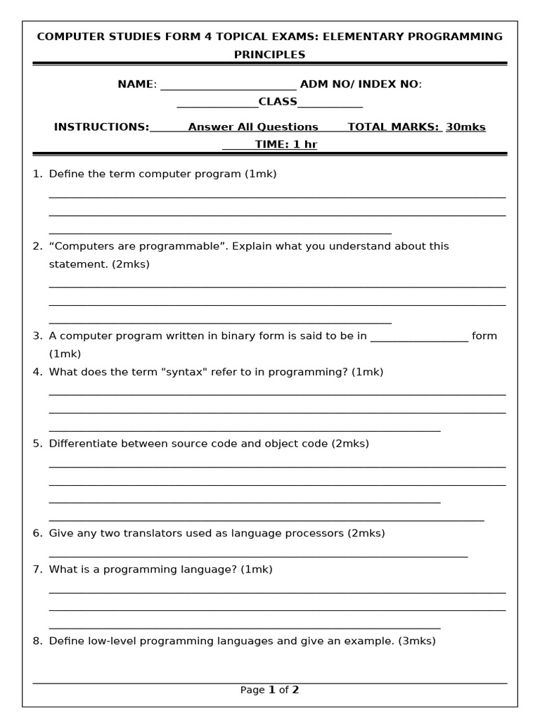 Computer Studies Topical Exams Elementary Programming | PDF ...
