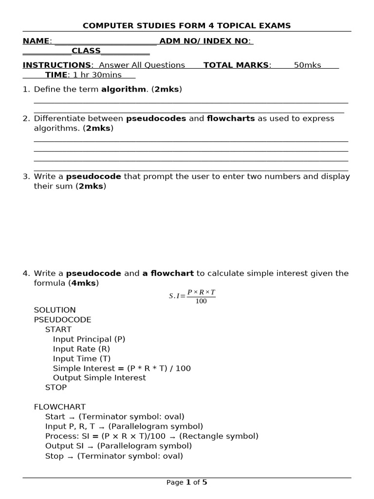 Computer Studies Topical Exams Pseudocodes and Flowcharts | PDF ...