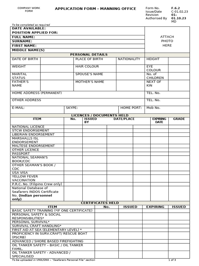 f.6.2 Application Form Manning Agent Rev.01 01.10.23 | PDF | Sailor ...
