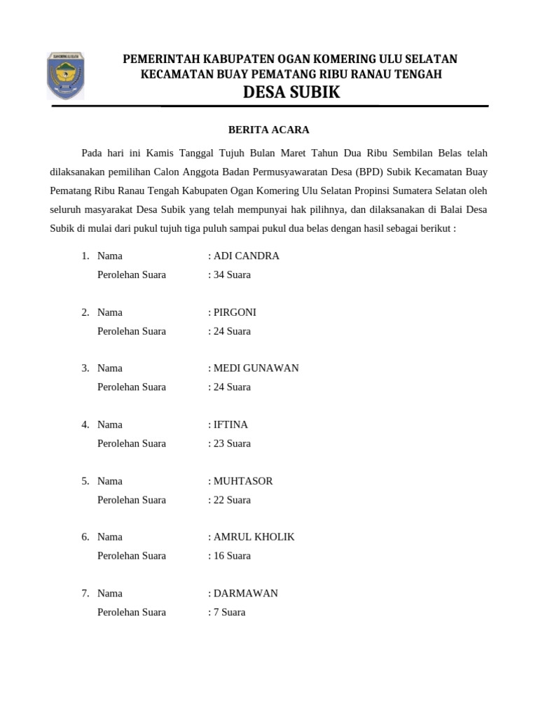 Berita Acara Pil Bpd Subik | PDF