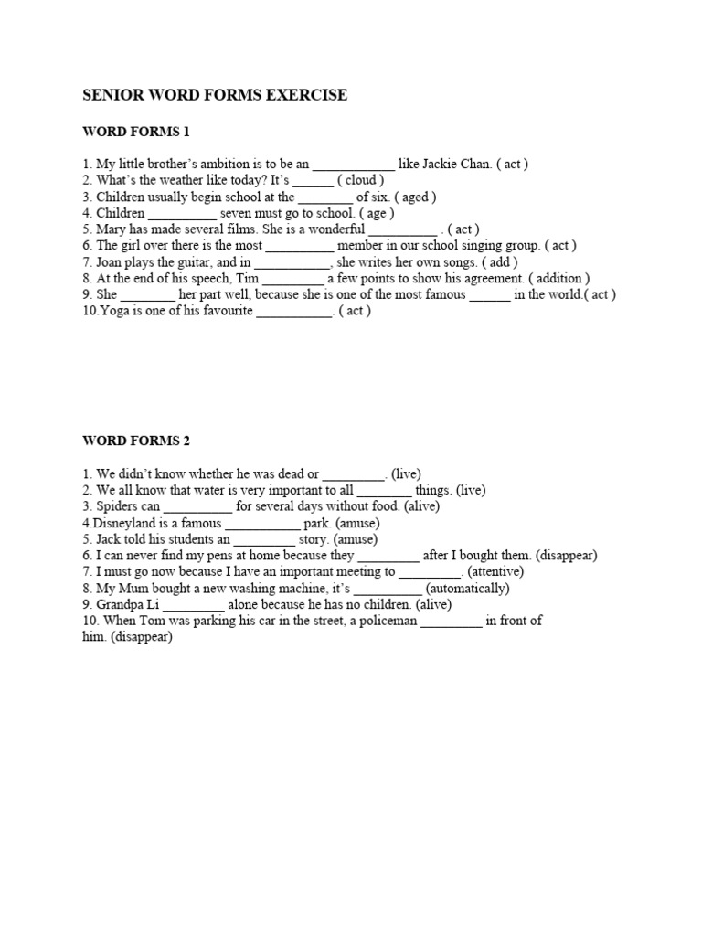 Senior Word Forms Exercise 1 and 2 | PDF