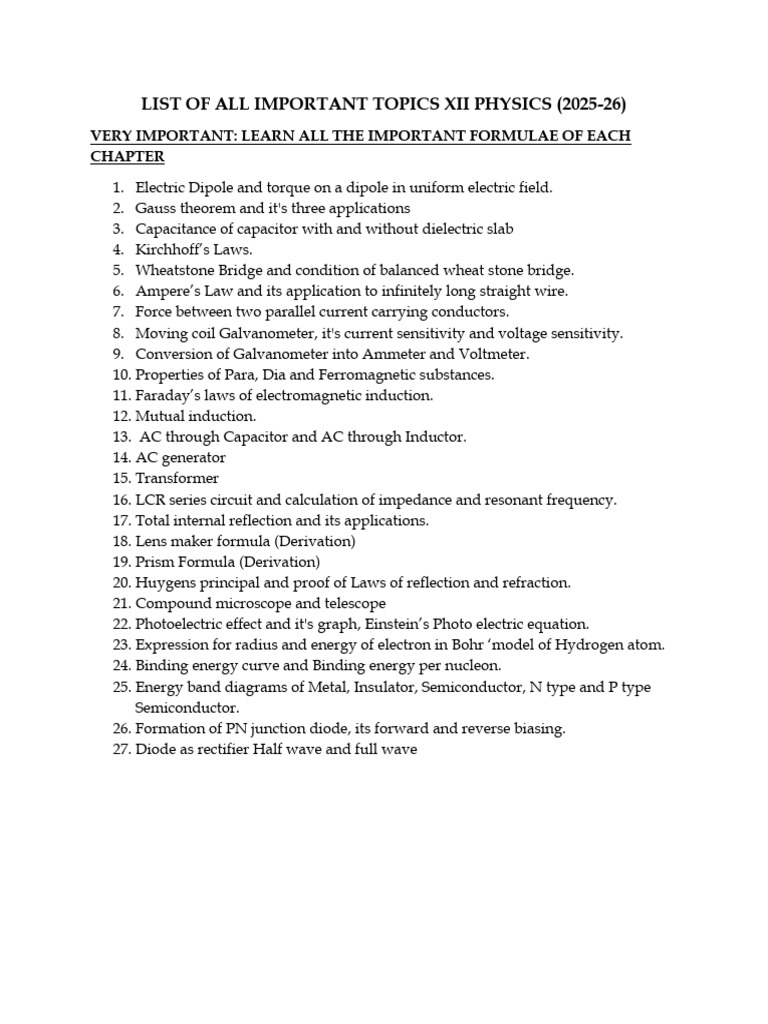 List of Important Topics XII PHYSICS | PDF