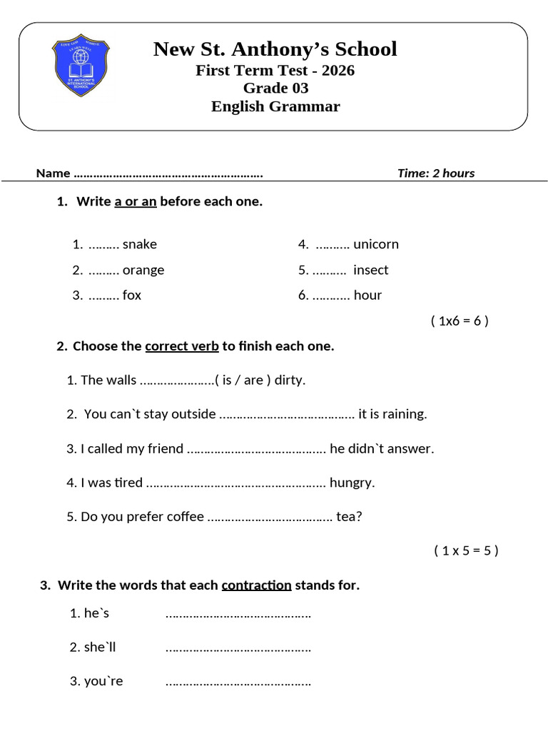 2026 Grade 3 -First Term Test | PDF | Linguistics | Grammar