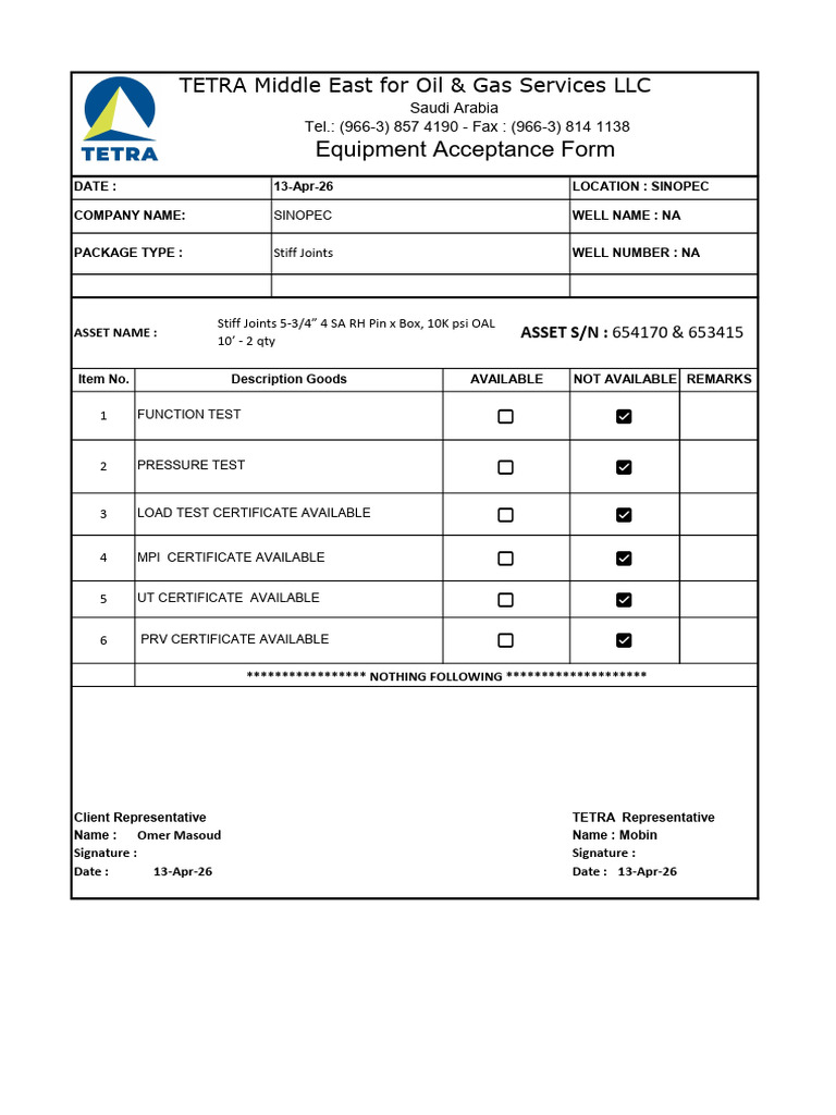 Equipment Acceptance Form | PDF