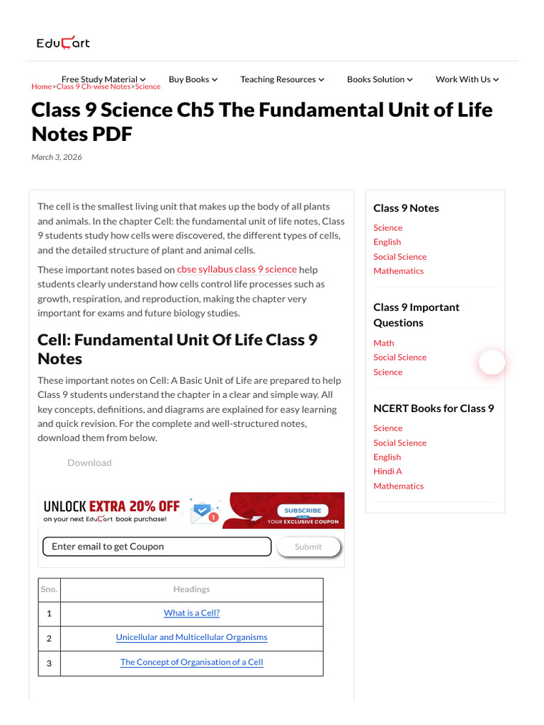 CBSE Class 9 Science Ch5 Notes The Fundamental Unit of Life 2026 | PDF ...