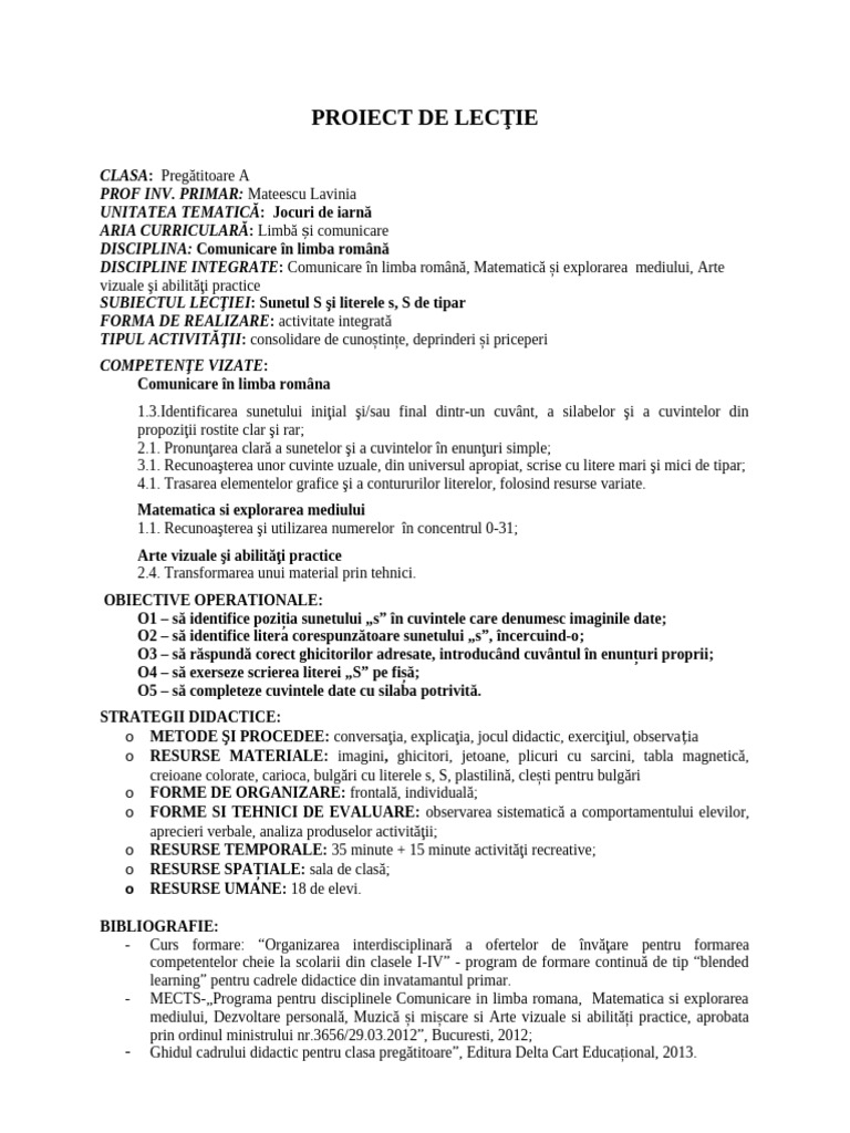 ianuarie_PROIECT CLR SUNETUL ȘI LITERA S | PDF