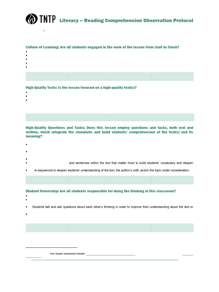 Classroom Observation Protocol Literacy | PDF | Reading Comprehension ...