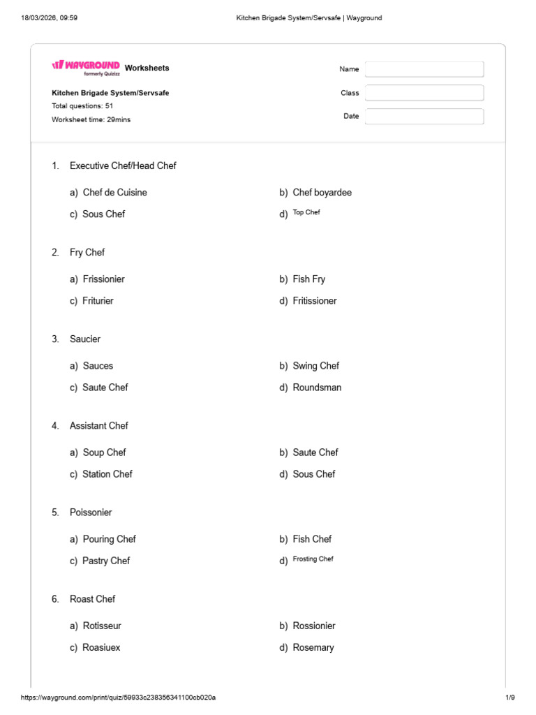Kitchen Brigade System_Servsafe _ Wayground | PDF | Foodborne Illness ...