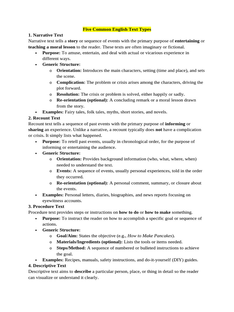 Five Common English Text Types | PDF | Narrative | Verb
