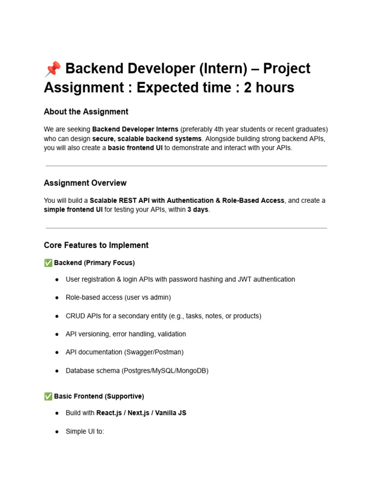 Backend Developer (Intern) – Assignment | PDF | Software Development ...
