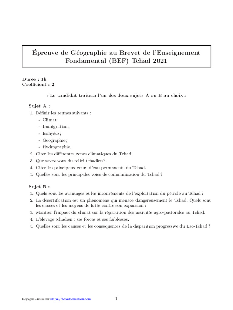 Sujet de Geographie BEF Tchad 2021 | PDF