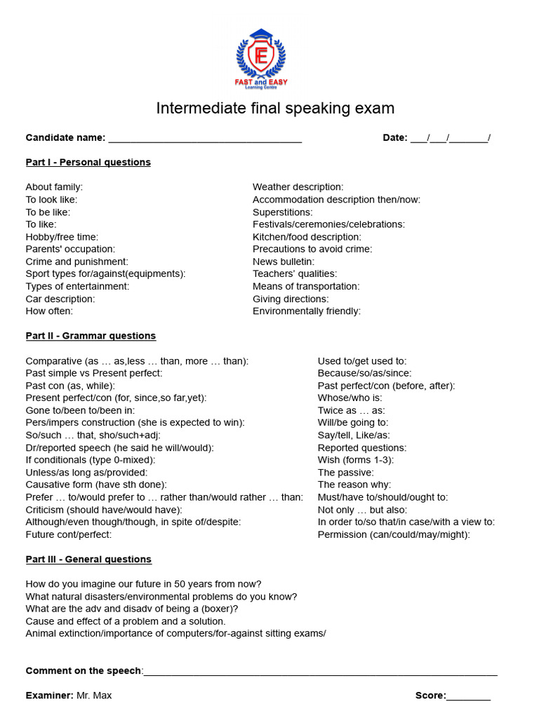 Blank. Intermediate Final Speaking Exam NEW | PDF