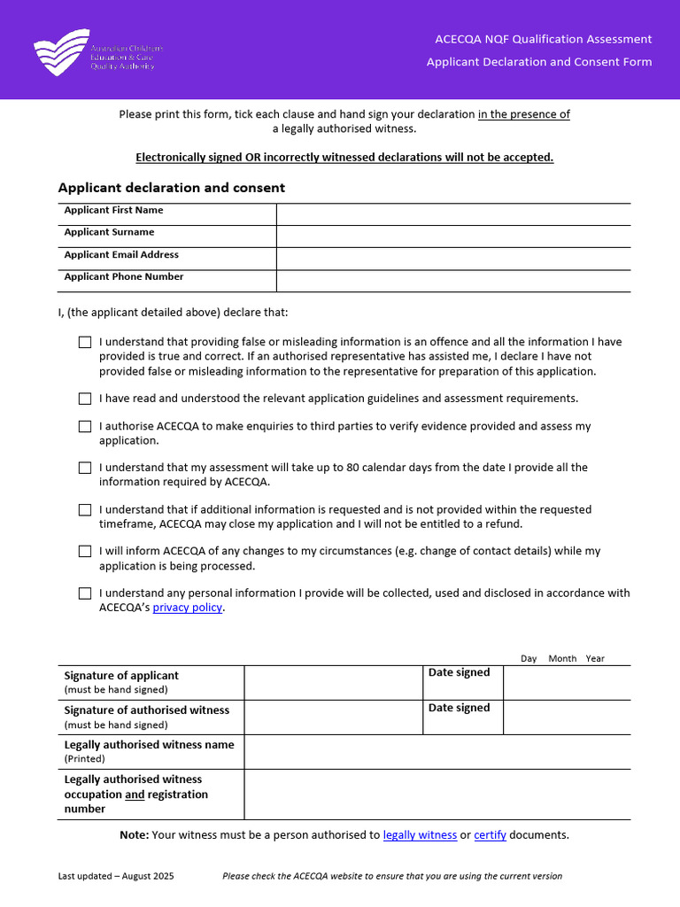ACECQANQFQualificationAssessmentApplicantDeclarationConsentForm | PDF ...