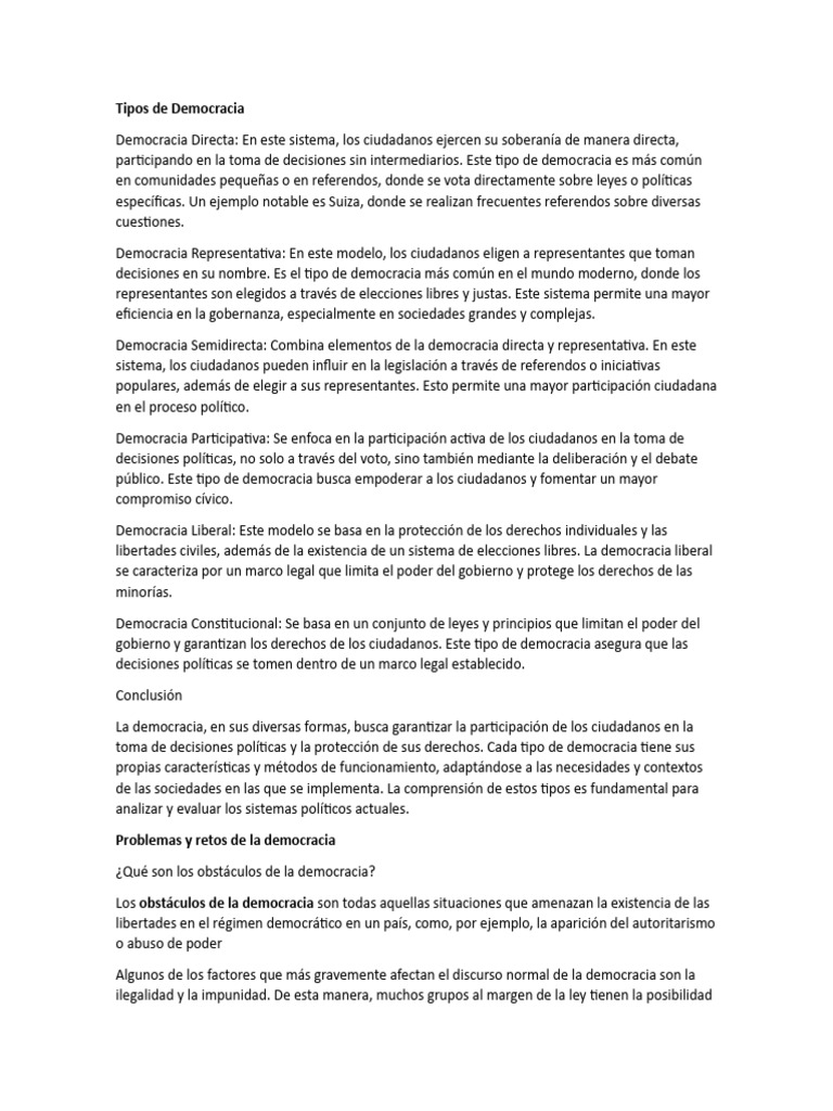 Tipos de Democracia y Problemas y Retos de La Democracia | PDF ...