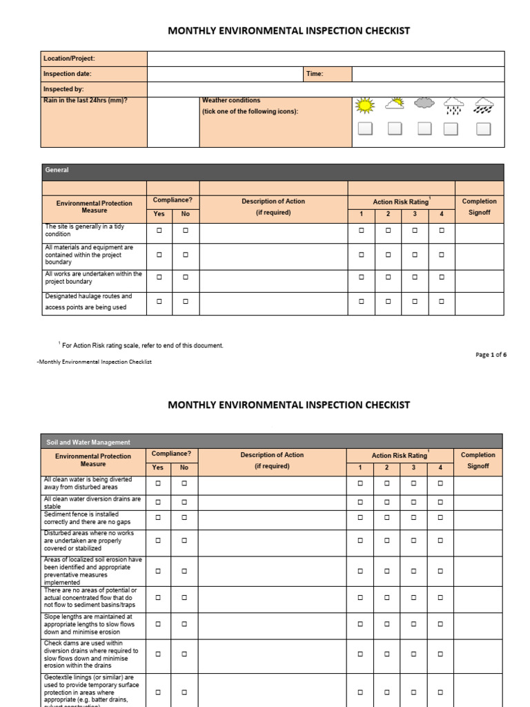 Monthly Environmental Inspection Checklist | PDF | Erosion | Earth Sciences