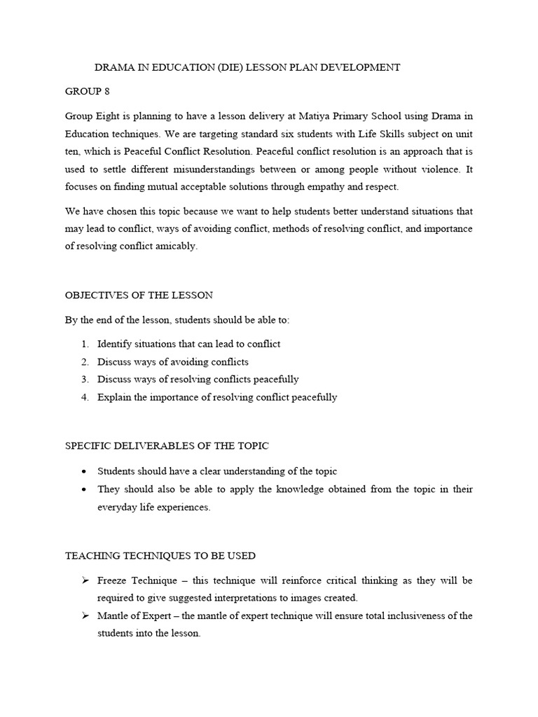 Drama in Education Lesson Plan | PDF | Conflict Resolution | Lesson Plan