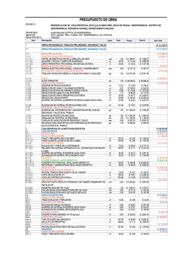 0 Presupuesto General | PDF | Albañilería | Ingeniero civil