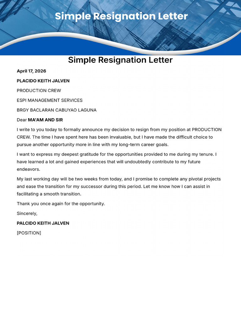 Simple Resignation Letter | PDF