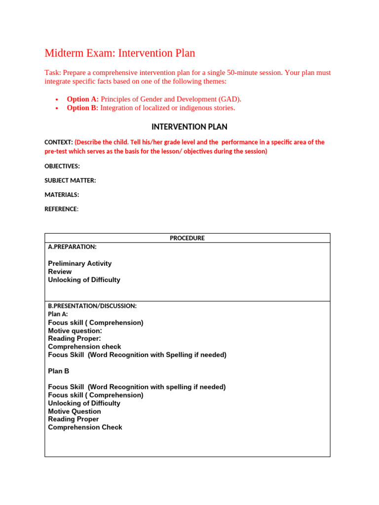Midterm Exam Part 1 Intervention Plan | PDF