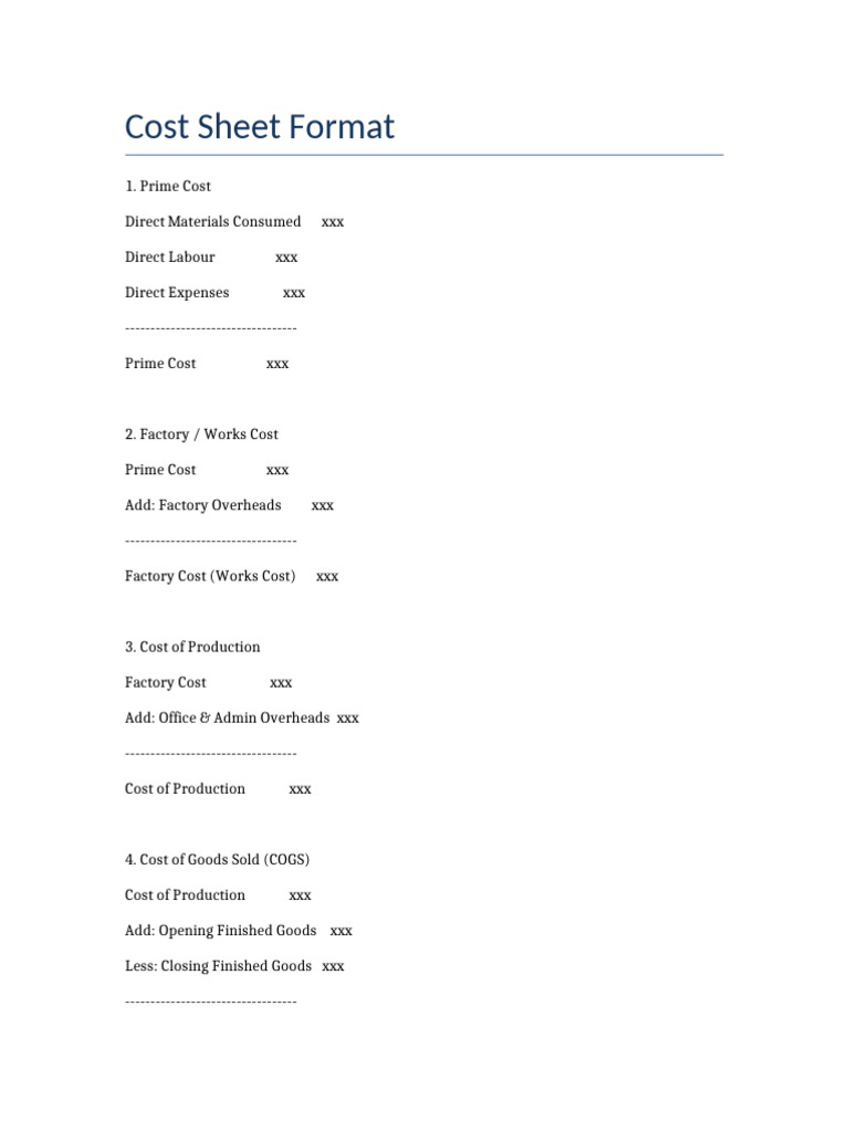 Cost Sheet Format | PDF