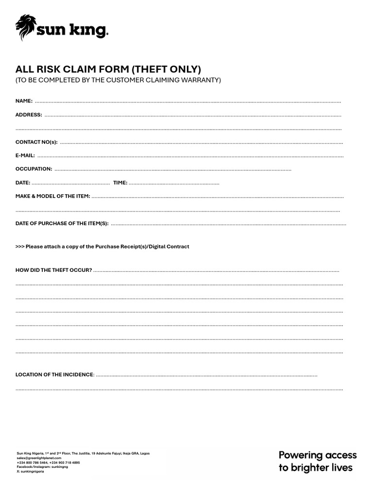 All Risk Claim Form (Theft Only)_v2 | PDF
