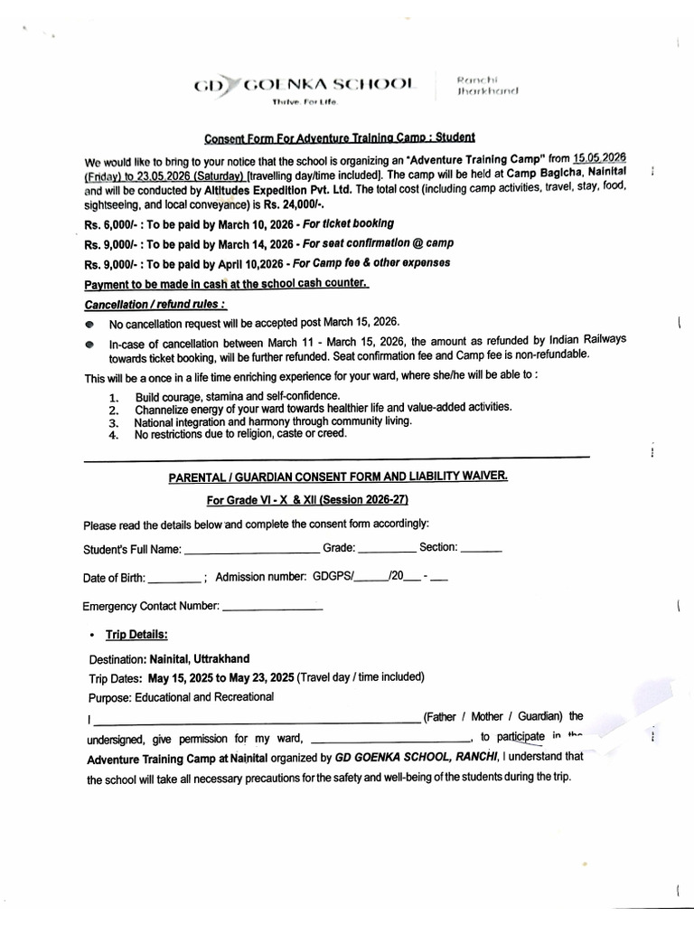Adventure Camp Consent 2026-27_ Student | PDF
