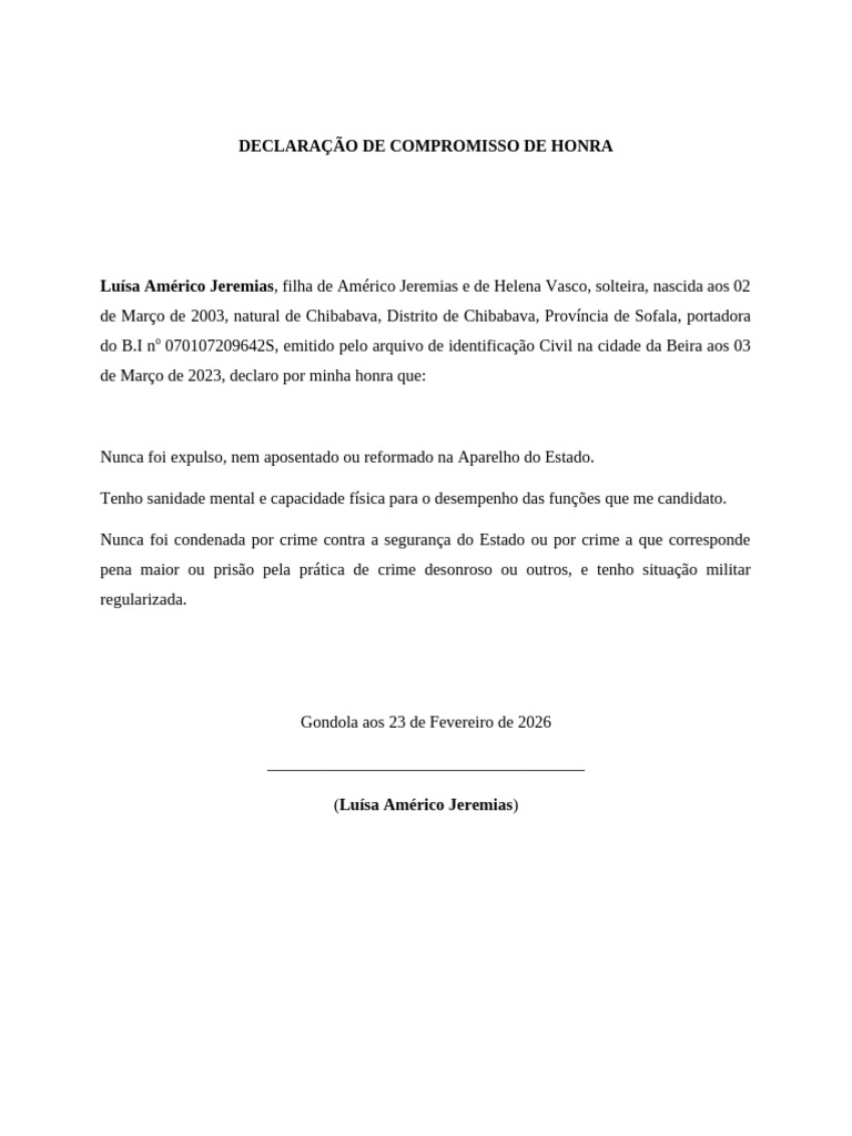 Declaração de Compromisso de Honra | PDF