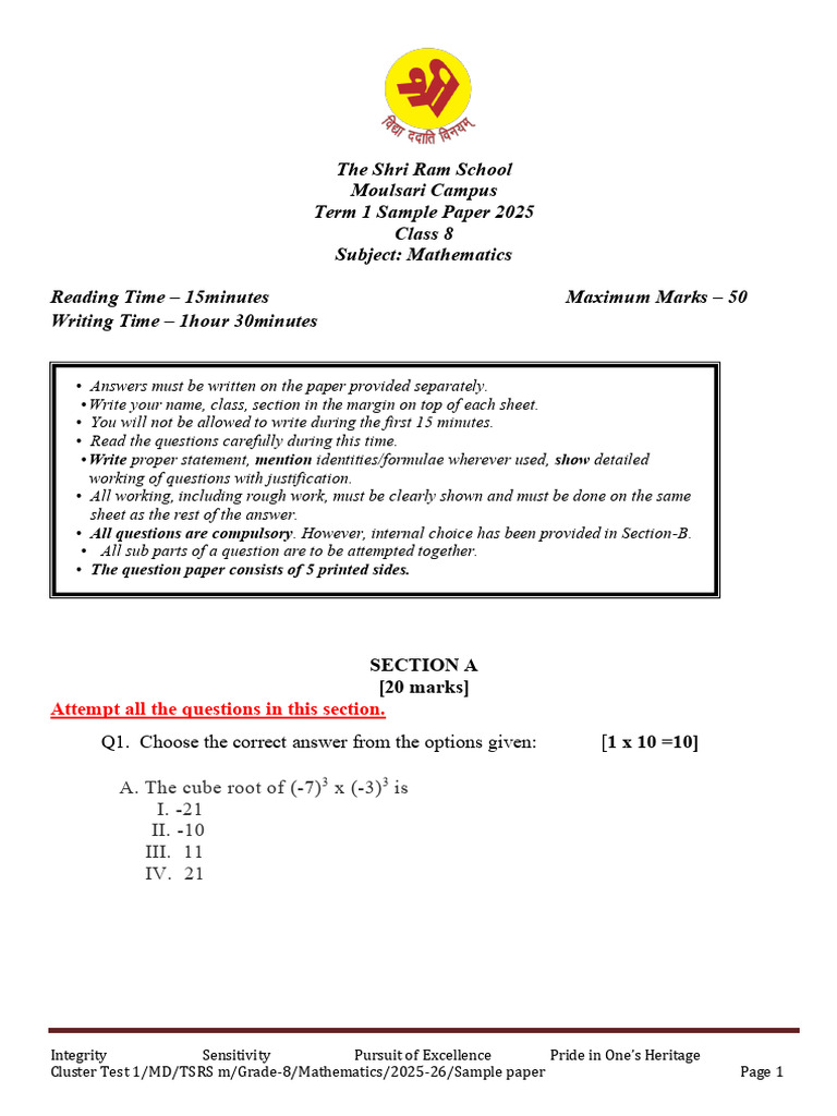 Cluster Test 1 - CL - 8 - 2025 - Math (Sample Paper) | PDF | Mathematics