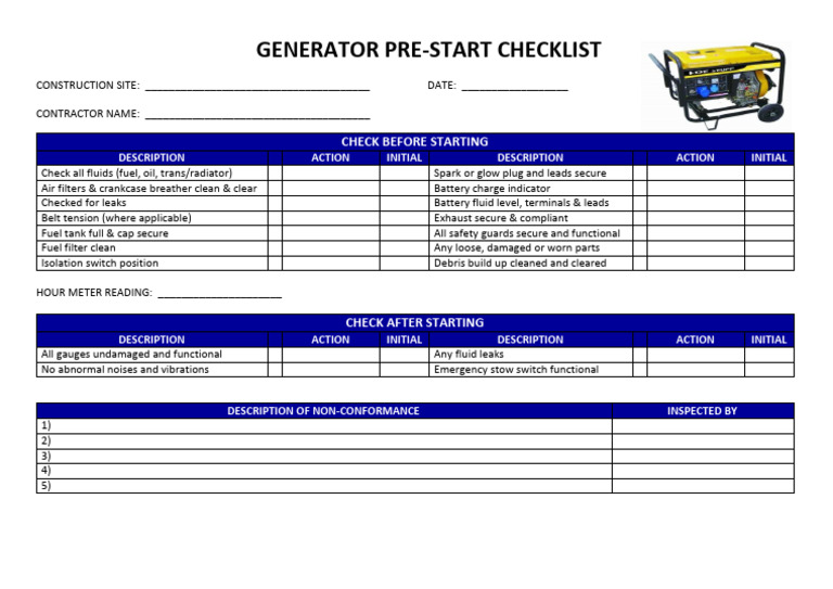 Generator Pre-start Checklist | PDF